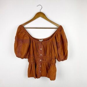 Earthbound Orange Off Shoulder Linen Button Front Puff Sleeve Babydoll Top XL